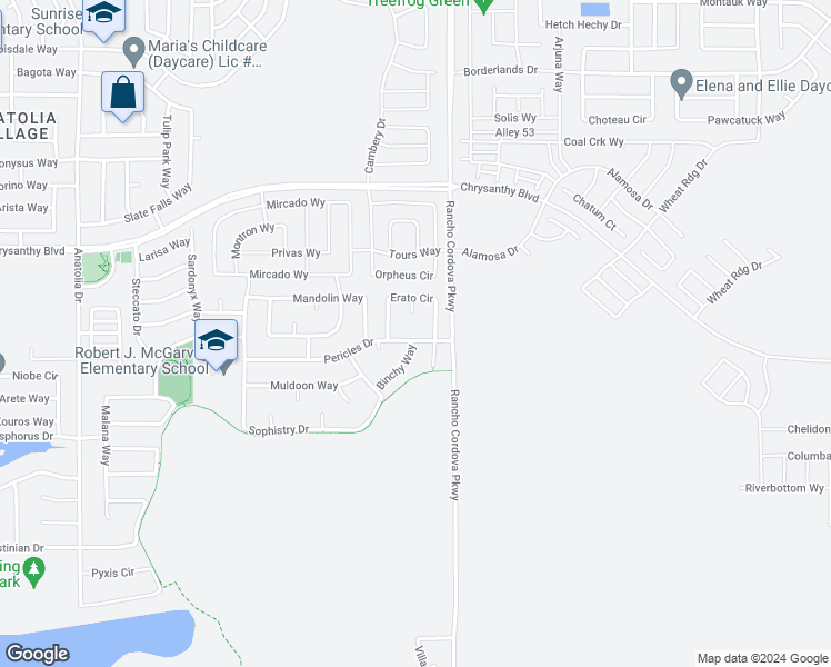 map of restaurants, bars, coffee shops, grocery stores, and more near 12061 Pericles Drive in Rancho Cordova
