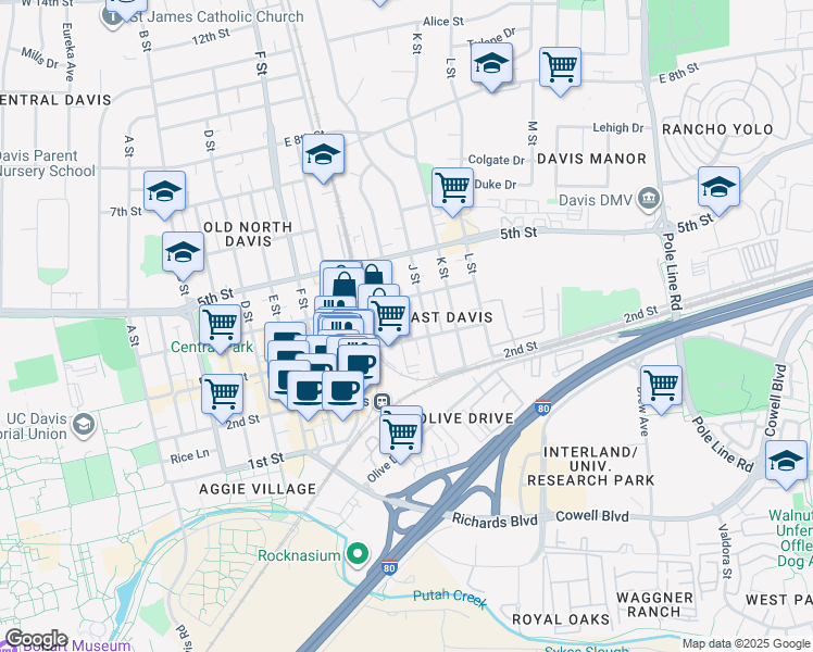 map of restaurants, bars, coffee shops, grocery stores, and more near 917 3rd Street in Davis
