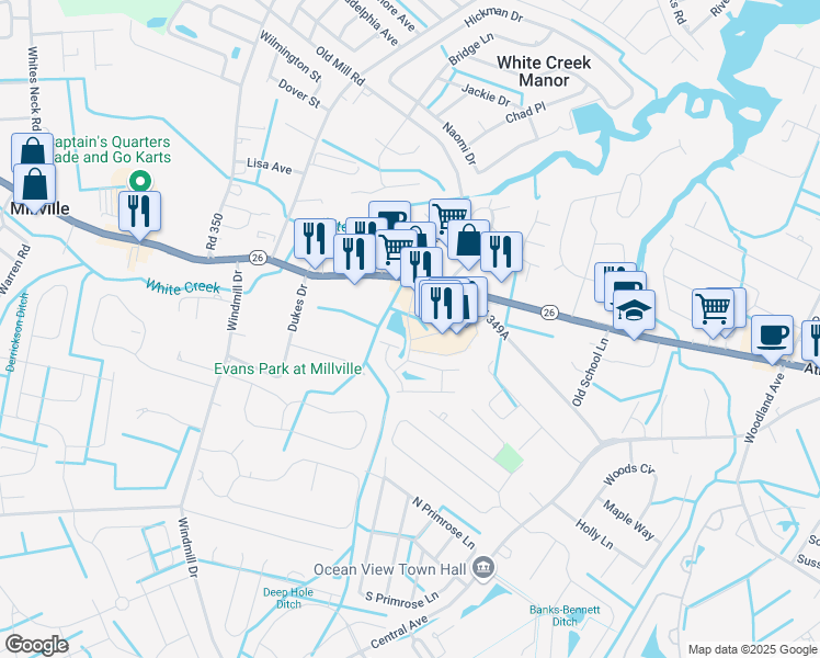 map of restaurants, bars, coffee shops, grocery stores, and more near Town Center Drive in Millville