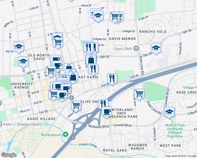 map of restaurants, bars, coffee shops, grocery stores, and more near 316 L Street in Davis