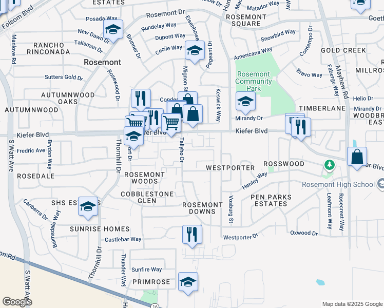 map of restaurants, bars, coffee shops, grocery stores, and more near 3715 Tallyho Drive in Sacramento
