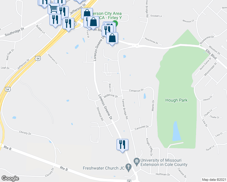 map of restaurants, bars, coffee shops, grocery stores, and more near 2116 Millbrook Court in Jefferson City
