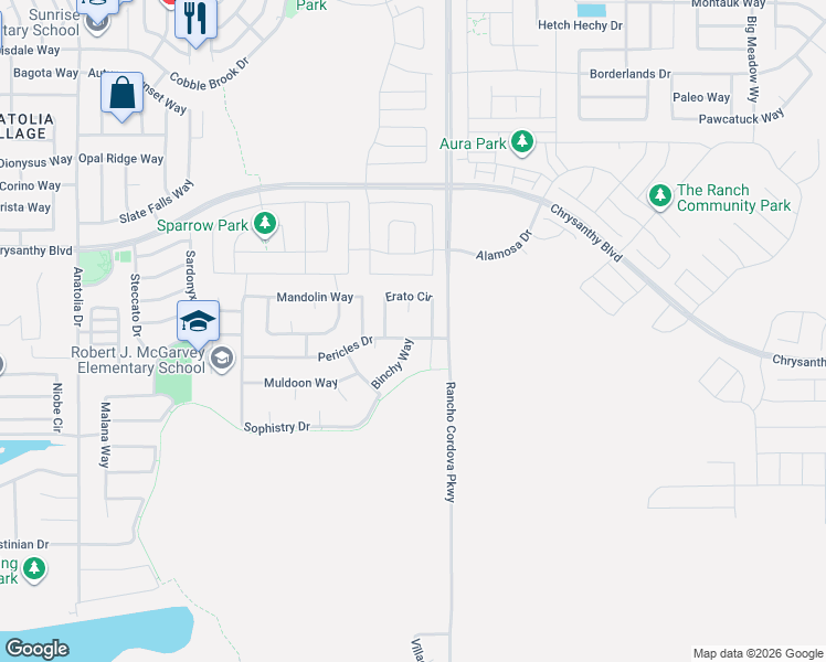 map of restaurants, bars, coffee shops, grocery stores, and more near 12061 Pericles Drive in Rancho Cordova