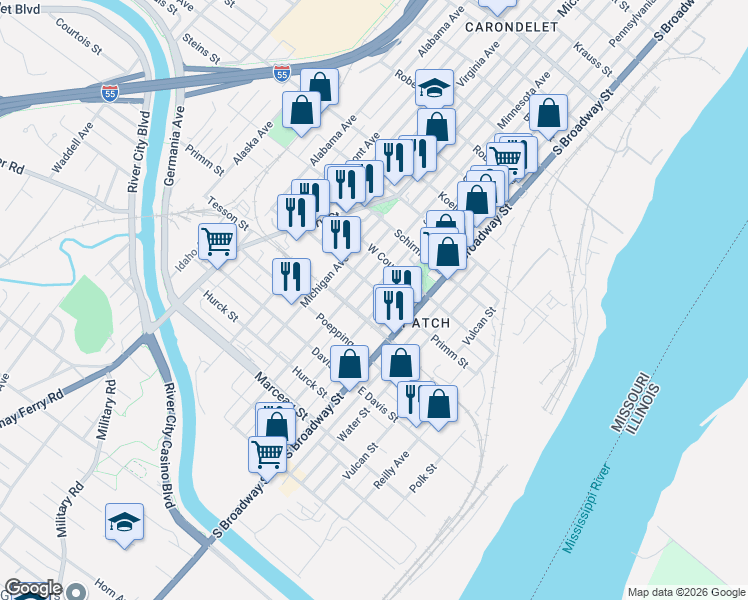 map of restaurants, bars, coffee shops, grocery stores, and more near 7927 Pennsylvania Avenue in St. Louis
