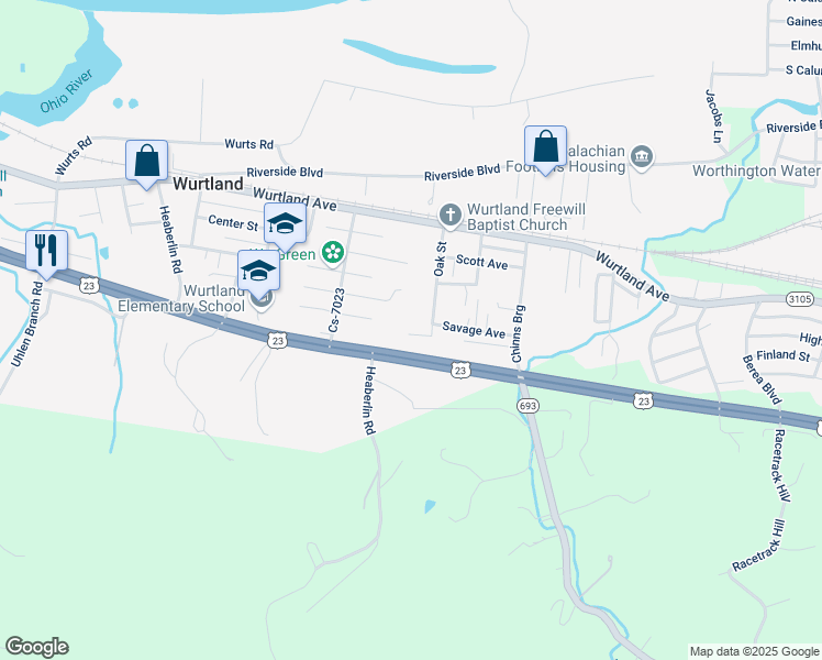 map of restaurants, bars, coffee shops, grocery stores, and more near 1101-1103 Stafford Ave in Wurtland