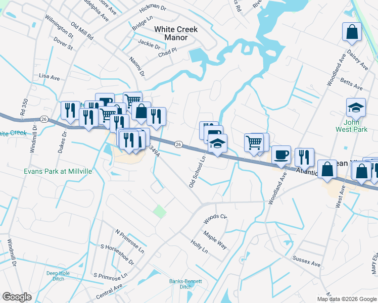 map of restaurants, bars, coffee shops, grocery stores, and more near 35802 Atlantic Avenue in Millville