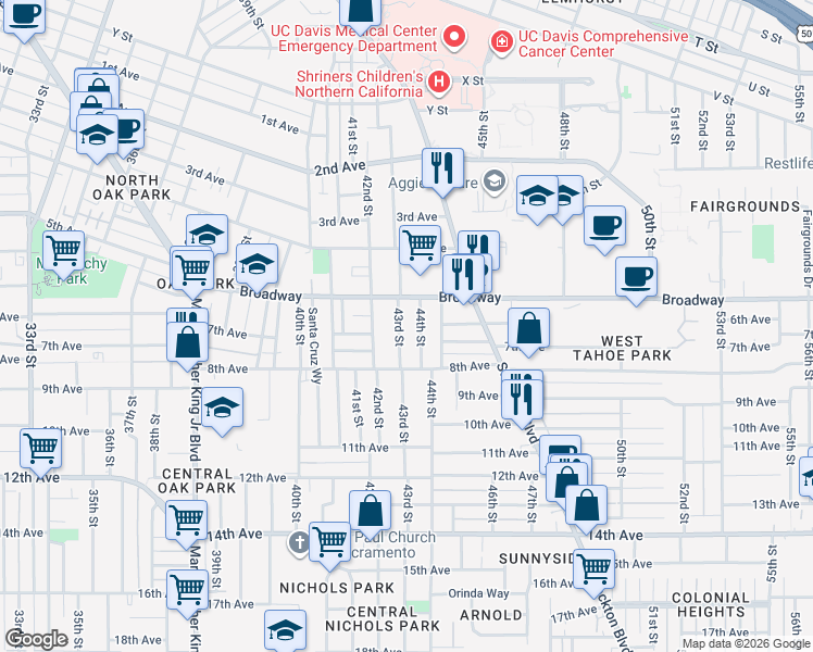 map of restaurants, bars, coffee shops, grocery stores, and more near 3201 43rd Street in Sacramento