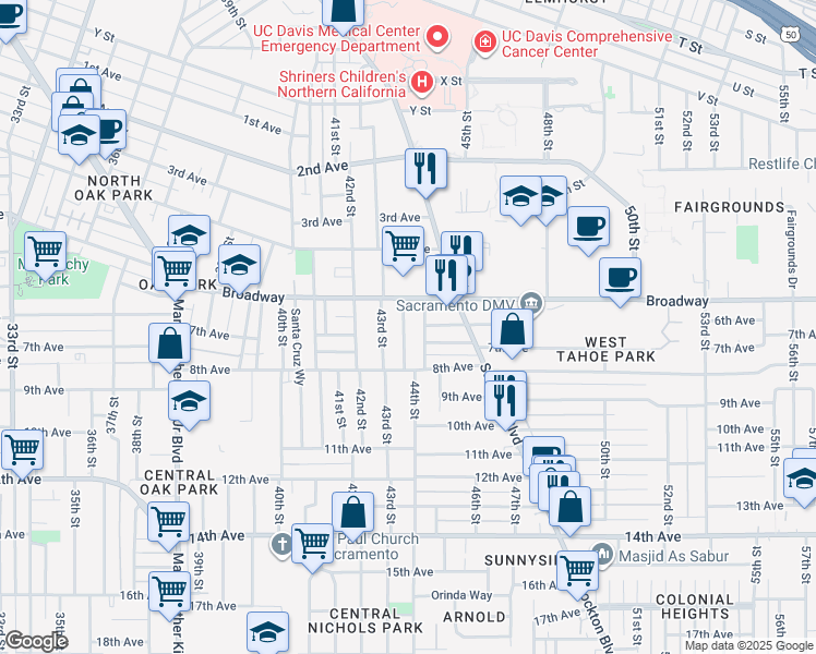 map of restaurants, bars, coffee shops, grocery stores, and more near 3131 San Diego Way in Sacramento