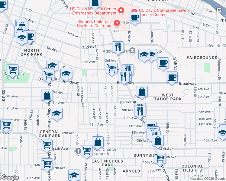 map of restaurants, bars, coffee shops, grocery stores, and more near 3131 San Diego Way in Sacramento