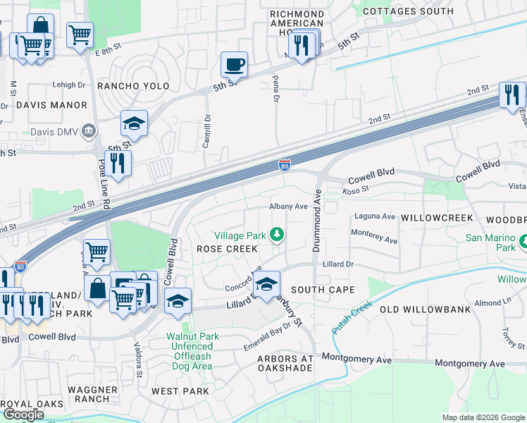 map of restaurants, bars, coffee shops, grocery stores, and more near 720 Braddock Court in Davis