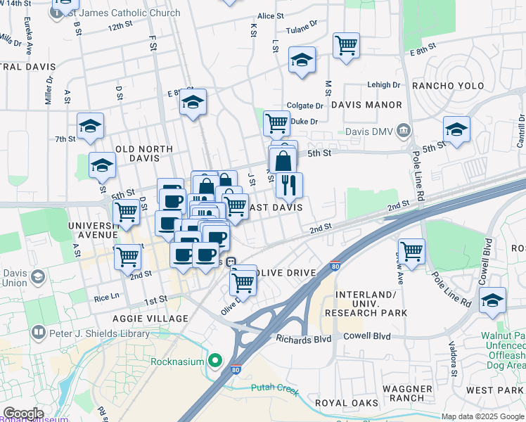 map of restaurants, bars, coffee shops, grocery stores, and more near 234 J Street in Davis