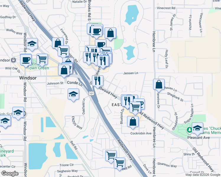 map of restaurants, bars, coffee shops, grocery stores, and more near 8710 Old Redwood Highway in Windsor