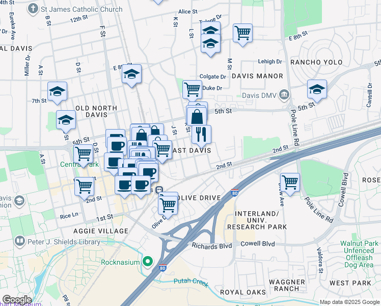 map of restaurants, bars, coffee shops, grocery stores, and more near 301 K Street in Davis