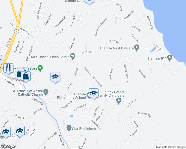map of restaurants, bars, coffee shops, grocery stores, and more near 3680 Thomasson Crossing Drive in Triangle