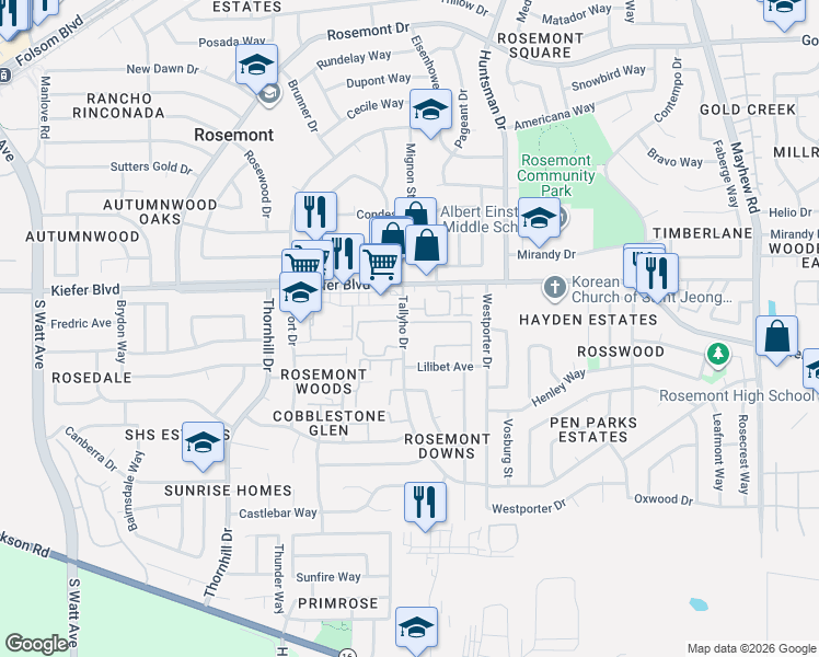 map of restaurants, bars, coffee shops, grocery stores, and more near 3715 Tallyho Drive in Sacramento