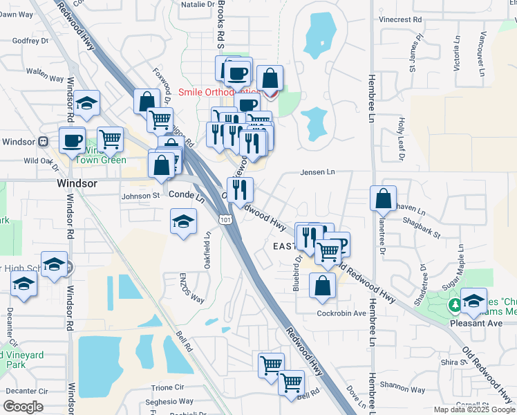 map of restaurants, bars, coffee shops, grocery stores, and more near 8710 Old Redwood Highway in Windsor
