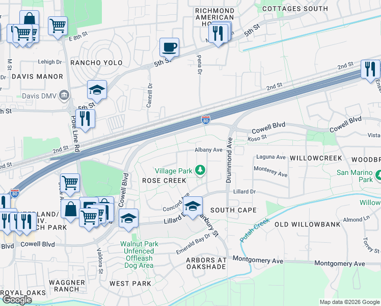 map of restaurants, bars, coffee shops, grocery stores, and more near 720 Braddock Court in Davis