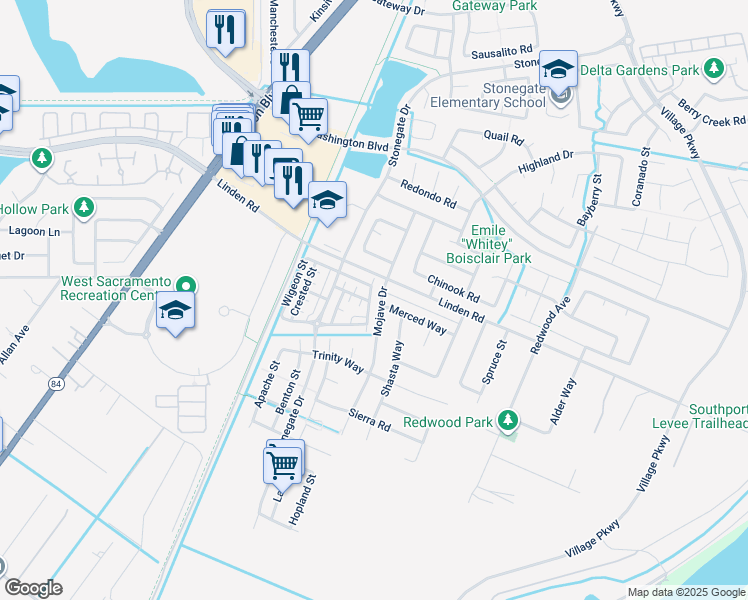 map of restaurants, bars, coffee shops, grocery stores, and more near 2882 Mojave Drive in West Sacramento