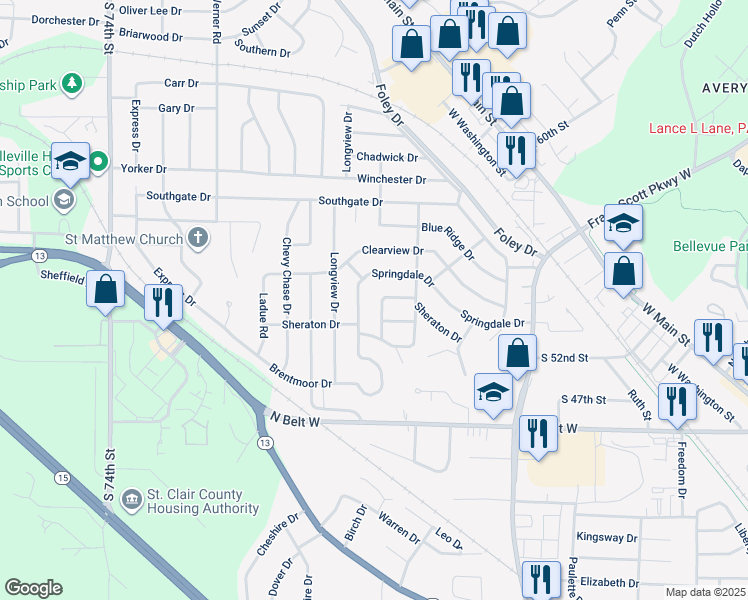 map of restaurants, bars, coffee shops, grocery stores, and more near 516 Springdale Drive in Belleville