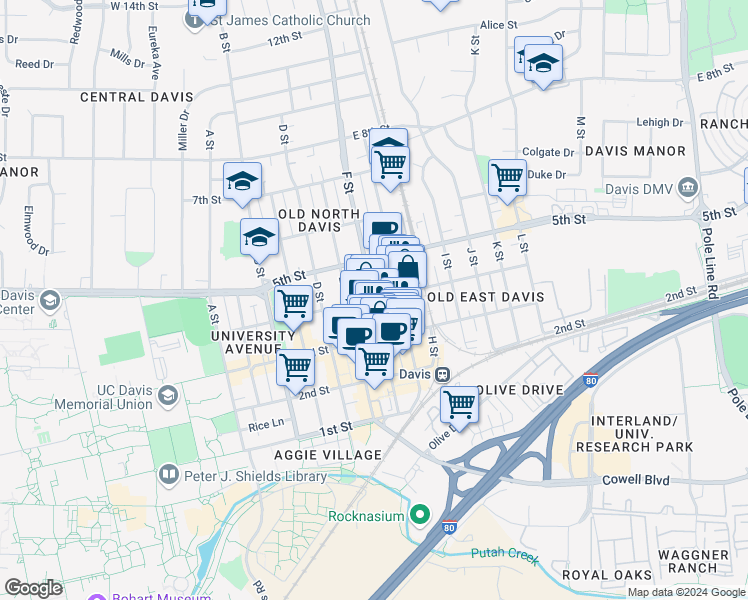 map of restaurants, bars, coffee shops, grocery stores, and more near 698 4th Street in Davis