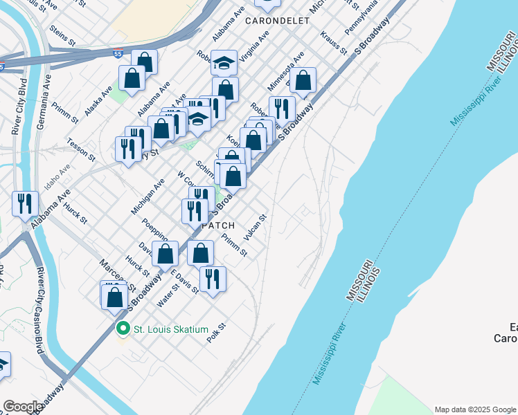 map of restaurants, bars, coffee shops, grocery stores, and more near 303 East Schirmer Street in St. Louis