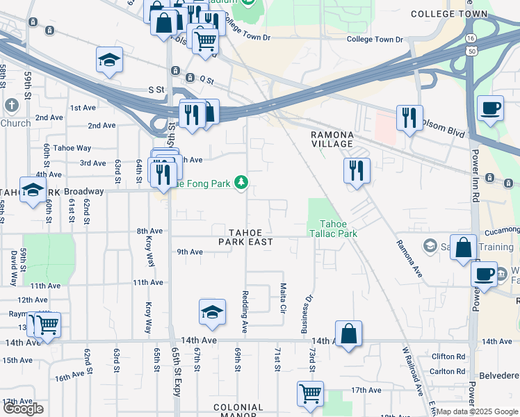 map of restaurants, bars, coffee shops, grocery stores, and more near 3075 Redding Avenue in Sacramento