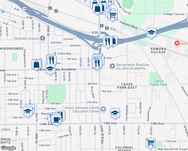 map of restaurants, bars, coffee shops, grocery stores, and more near 3156 Kroy Way in Sacramento