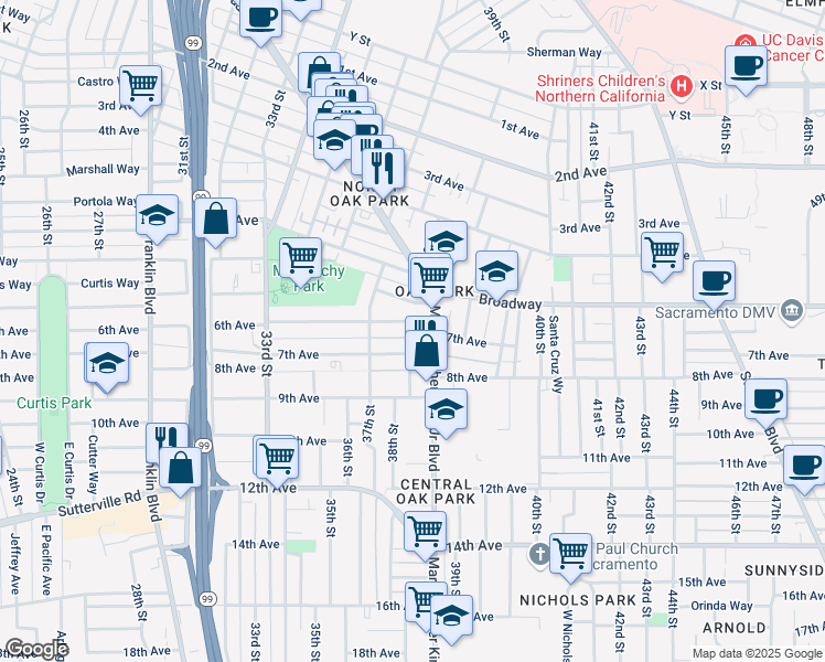 map of restaurants, bars, coffee shops, grocery stores, and more near 3801 7th Avenue in Sacramento