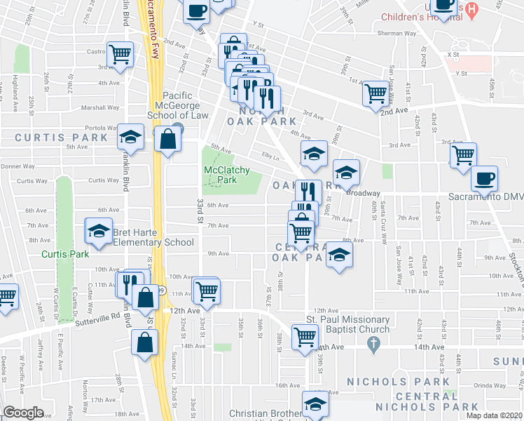 map of restaurants, bars, coffee shops, grocery stores, and more near 3709 7th Avenue in Sacramento