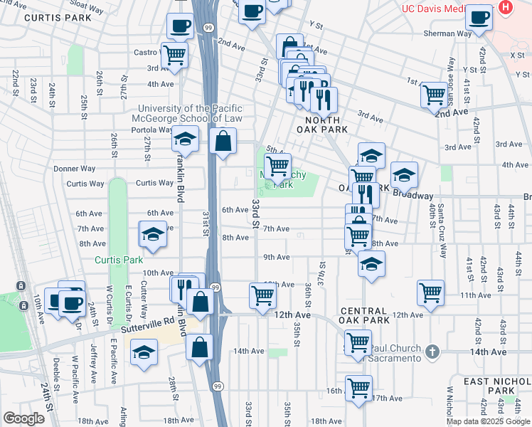 map of restaurants, bars, coffee shops, grocery stores, and more near 3409 7th Avenue in Sacramento