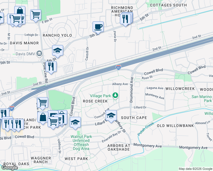 map of restaurants, bars, coffee shops, grocery stores, and more near 720 Donovan Court in Davis