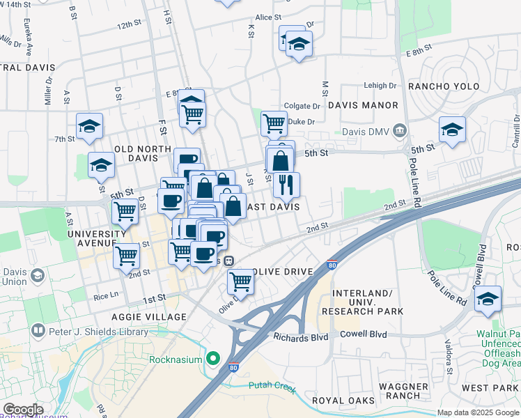 map of restaurants, bars, coffee shops, grocery stores, and more near 234 J Street in Davis