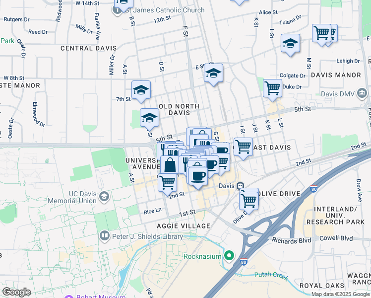 map of restaurants, bars, coffee shops, grocery stores, and more near 337 D Street in Davis