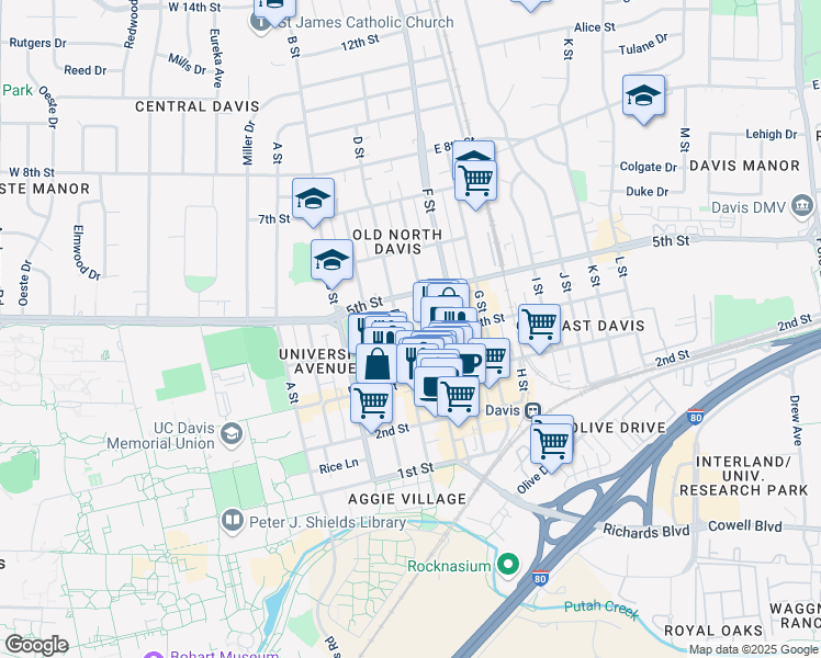 map of restaurants, bars, coffee shops, grocery stores, and more near 337 D Street in Davis