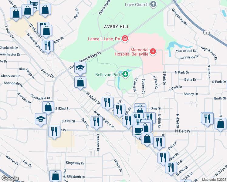 map of restaurants, bars, coffee shops, grocery stores, and more near 246 Rayburn Drive in Belleville