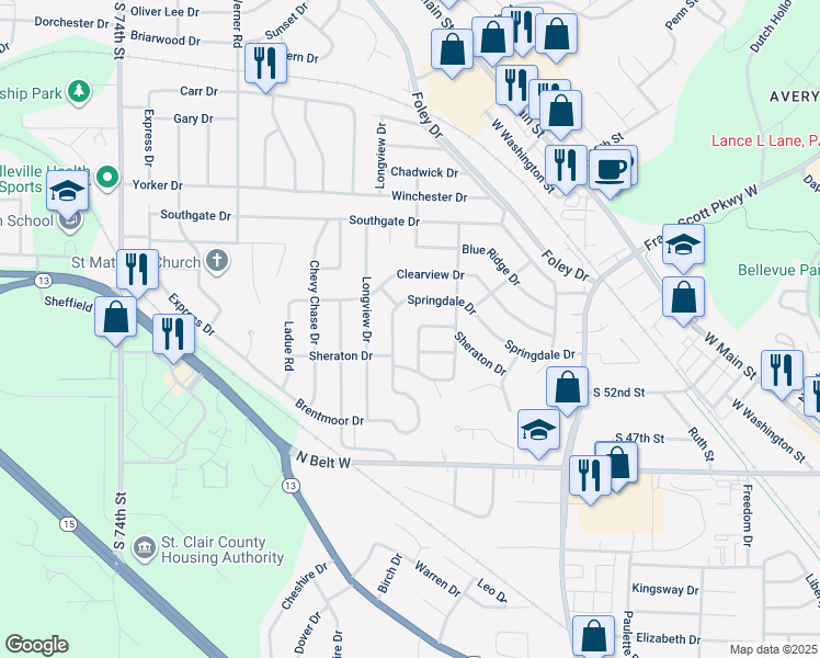 map of restaurants, bars, coffee shops, grocery stores, and more near 516 Springdale Drive in Belleville