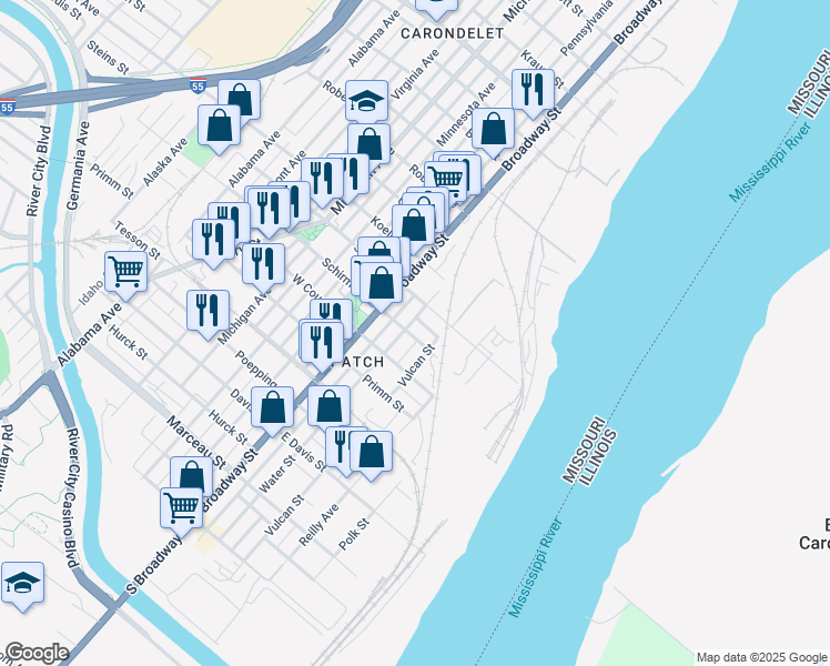 map of restaurants, bars, coffee shops, grocery stores, and more near 7714 Water Street in St. Louis