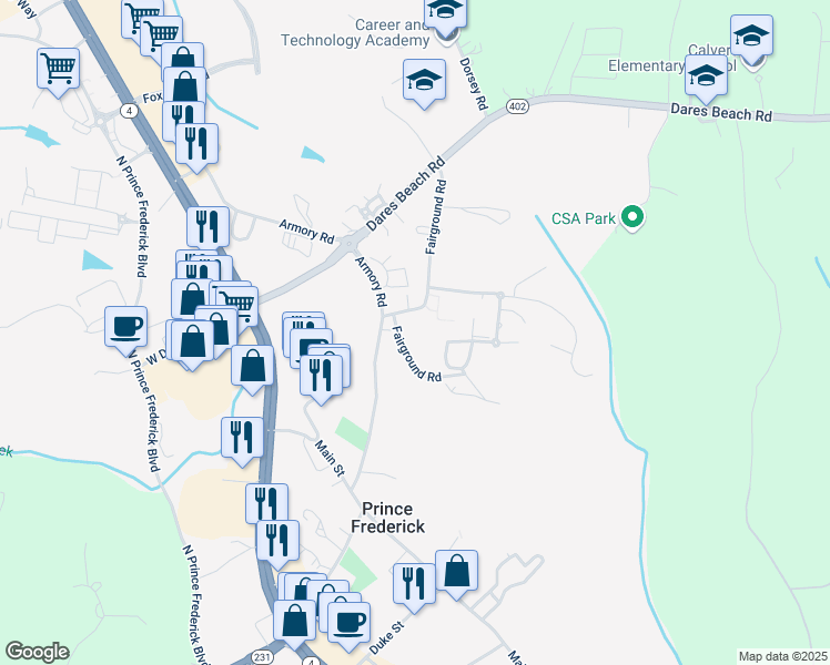 map of restaurants, bars, coffee shops, grocery stores, and more near 340 Fairground Road in Prince Frederick
