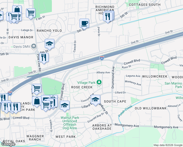 map of restaurants, bars, coffee shops, grocery stores, and more near 720 Donovan Court in Davis