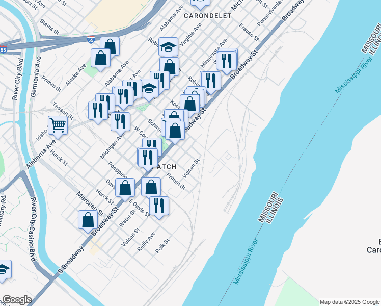 map of restaurants, bars, coffee shops, grocery stores, and more near 7714 Water Street in St. Louis