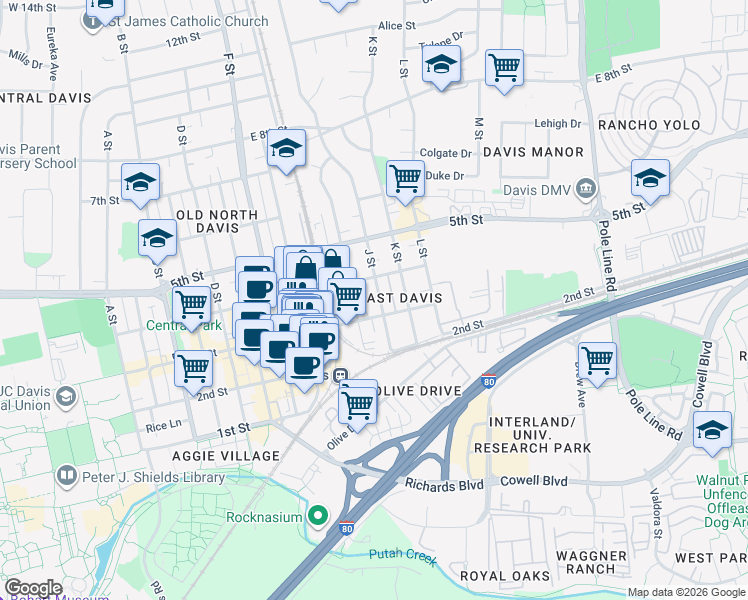map of restaurants, bars, coffee shops, grocery stores, and more near 317 J Street in Davis