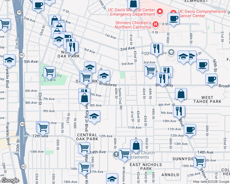 map of restaurants, bars, coffee shops, grocery stores, and more near 3160 40th Street in Sacramento