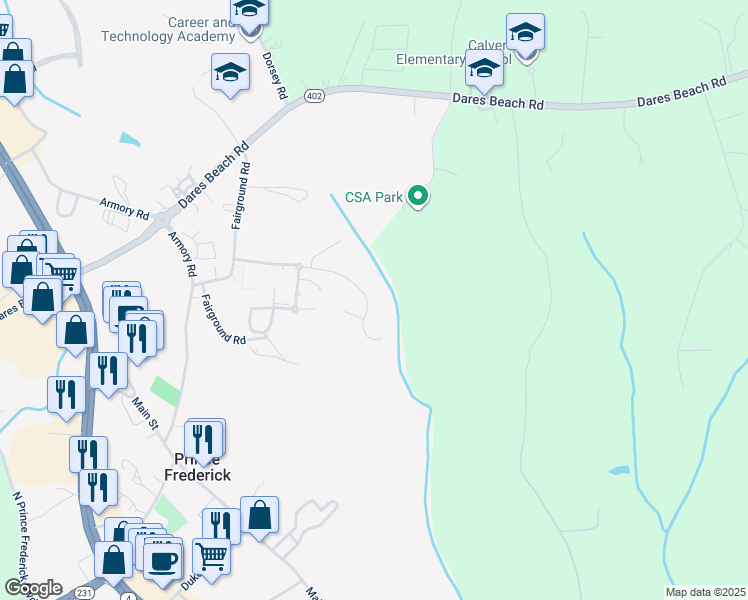 map of restaurants, bars, coffee shops, grocery stores, and more near 462 English Oak Lane in Prince Frederick