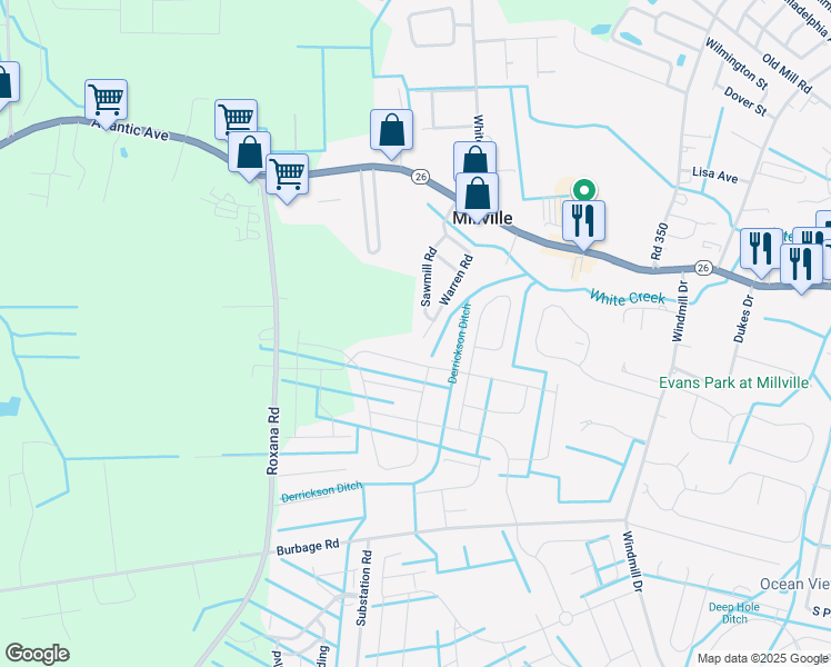 map of restaurants, bars, coffee shops, grocery stores, and more near 32136 Warren Road in Millville