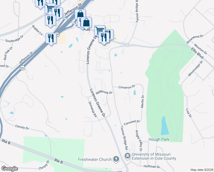 map of restaurants, bars, coffee shops, grocery stores, and more near 2119 Millbrook Court in Jefferson City