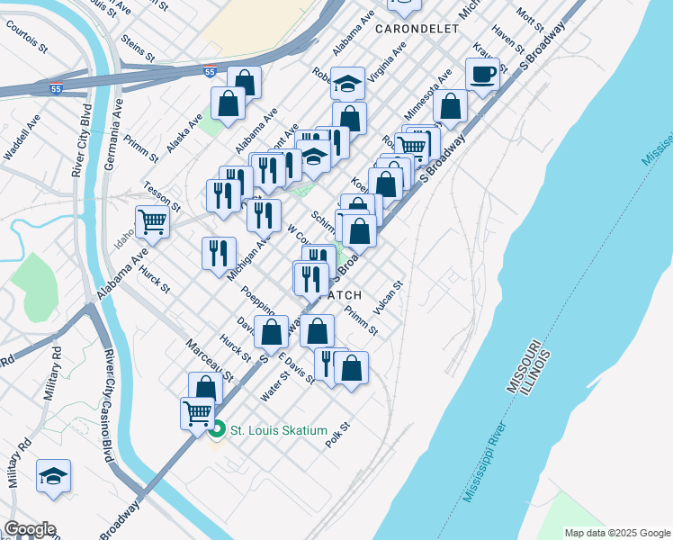 map of restaurants, bars, coffee shops, grocery stores, and more near 7801 South Broadway in St. Louis