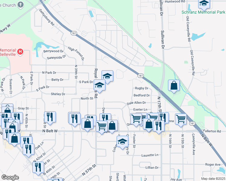 map of restaurants, bars, coffee shops, grocery stores, and more near 820 Royal Heights Road in Belleville