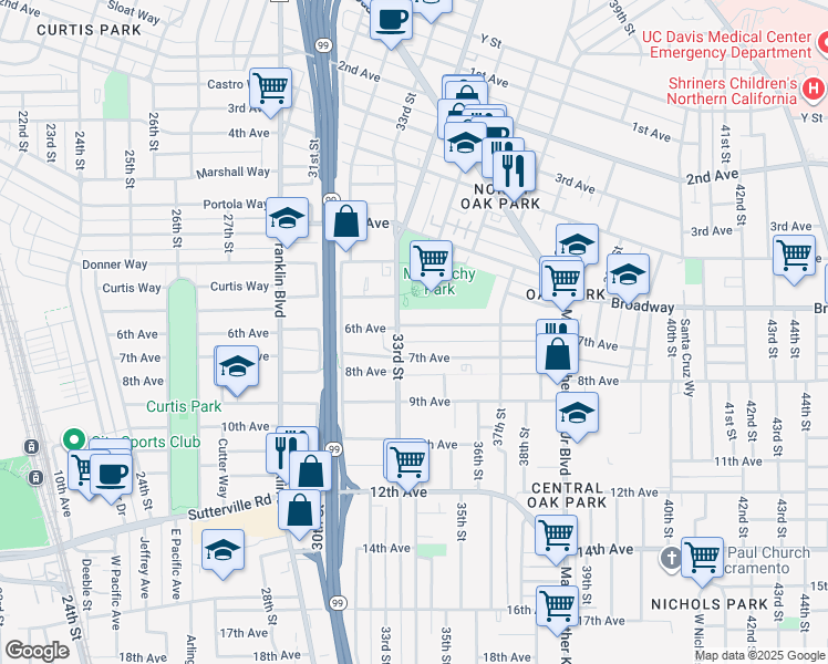 map of restaurants, bars, coffee shops, grocery stores, and more near 3324 6th Avenue in Sacramento