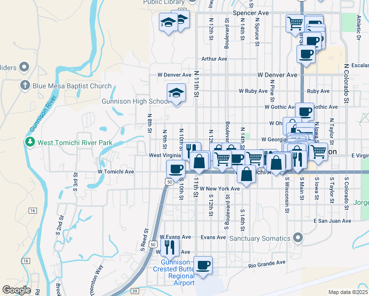 map of restaurants, bars, coffee shops, grocery stores, and more near 801-847 West Virginia Avenue in Gunnison
