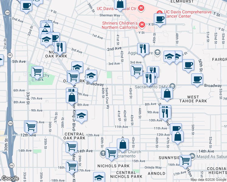 map of restaurants, bars, coffee shops, grocery stores, and more near 3200 San Jose Way in Sacramento